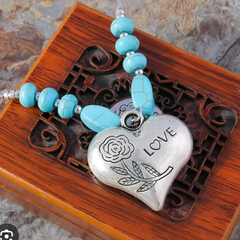 Turquoise and Silver Floral Heart Necklace